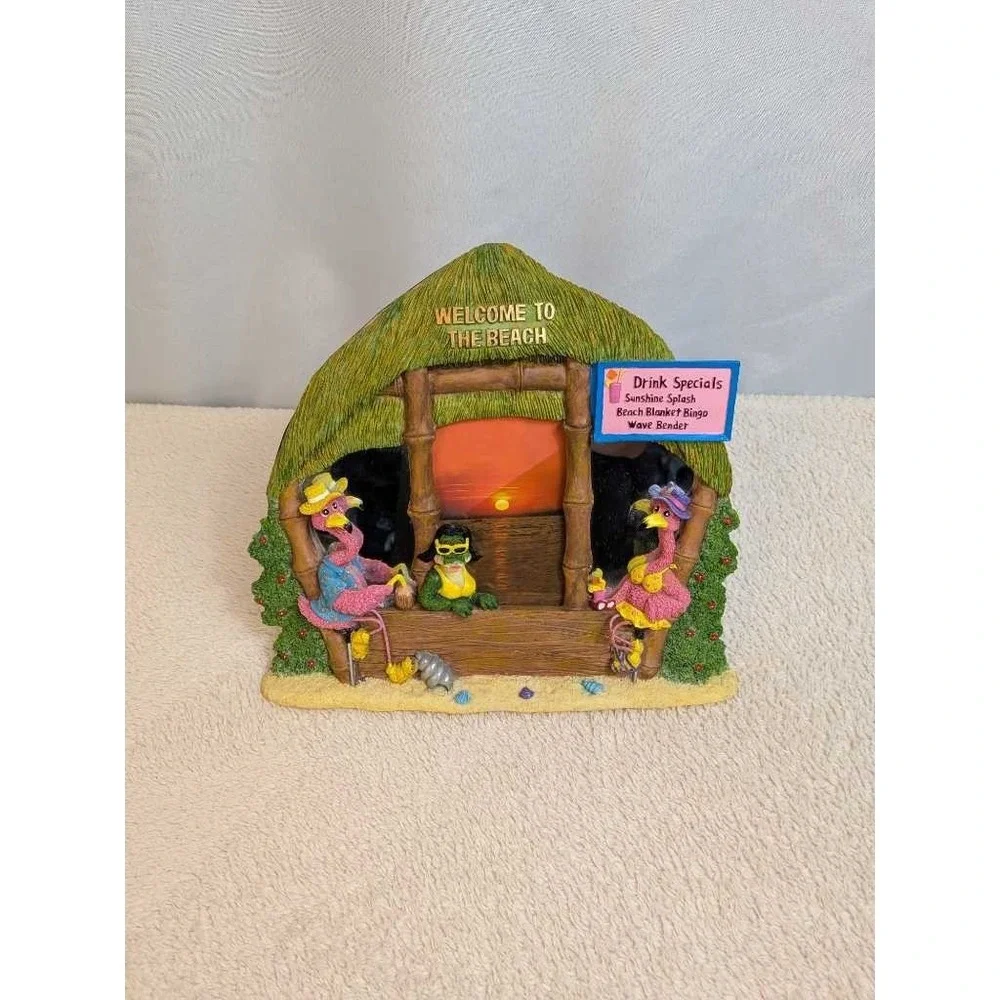 Tropical Flamingo & Frog Tiki Hut Beach Scene Picture Frame Desk Decor